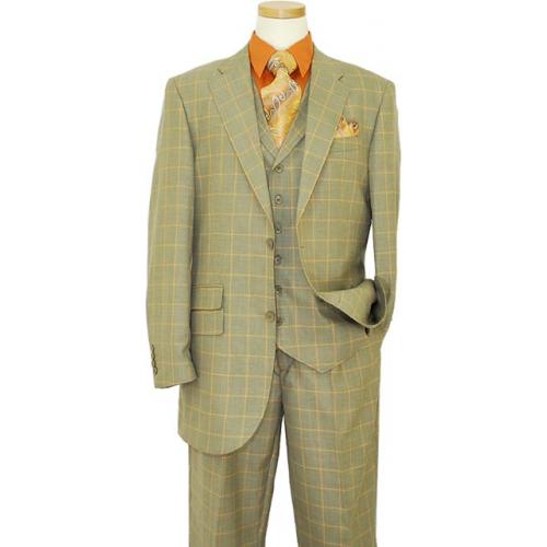 Bertolini Sage Green / Brown / Tan High Twist Micro-weave With Cognac Windowpanes Wool & Silk Blend Vested Suit 78009